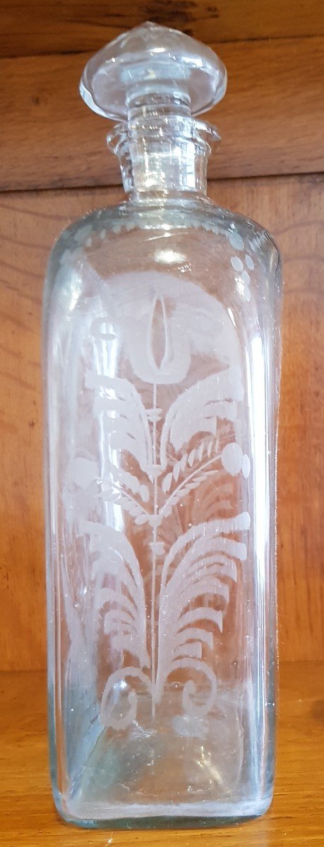 Old Square Carafe Bottle Blown And Engraved Glass XIX S-photo-2