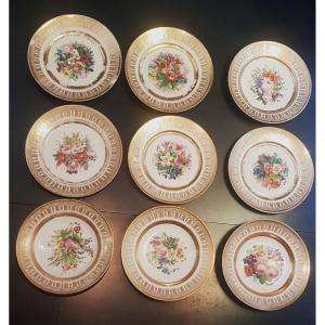 Set Of 12 Porcelain Plates Painted Floral Decor Ginori Doccia