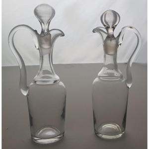 Two Old Flask Cruets For Oil And Vinegar In Blown Glass 