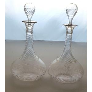 Pair Of Old Carafes Bottles In Cut Crystal Crown Of Marquis And Monogram
