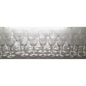 Old Serigraphed Crystal Glass Service 50 Pieces