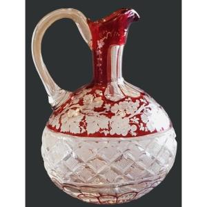 Ancient Bohemian Crystal Bottle With Cut And Engraved Red Grape Decoration