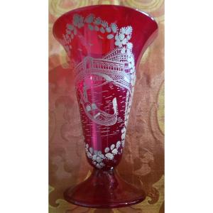 Antique Vase In Red Enameled Blown Glass Souvenir Of Venice
