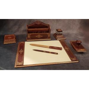 Old Office Kit In Gilded Leather With Small Iron, 7 Pieces