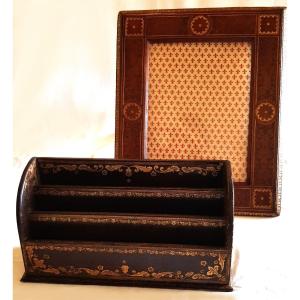 Letter Holder And Table Frame In Leather With Gold Embossed Decoration