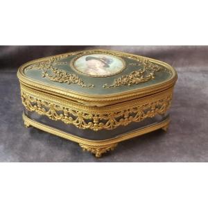 Old Glass And Brass Jewelry Box With Miniature