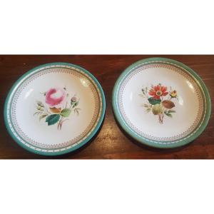 Paire Assiettes Faience Anglaise Anciennes XIX S Decor Fleurs Peint 23 Cm Diam