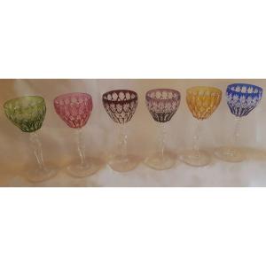 Series Of 6 Old Aperitif Glasses In Lorraine Harlequin Crystal