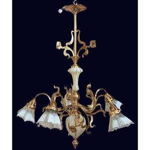 Art Nouveau Chandelier In Polished Brass And Uraline Glasses