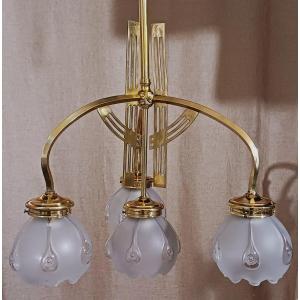 Art Nouveau Chandelier In Polished Brass And Satin Glass Tulips