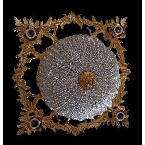 Ancien Plafonnier Rococò Carré  Bronze Et Dome En Perles De Cristal