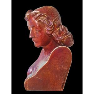 Grande Sculpture Demi-buste Féminin terre cuite Vernissée  Lustrée Signée Aldo  Rontini