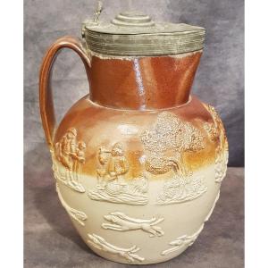 Large Old Royal Doulton Stoneware Pitcher With Pewter Lid