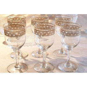 Serie De Six Verres  à vin En Cristal Anciens Frise En Or