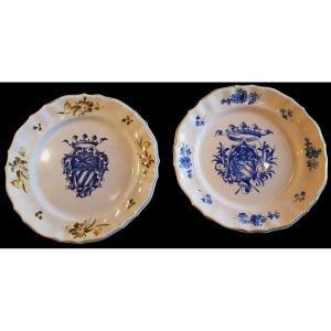 Lot Two Old Plates In Italian Earthenware With Painted Coat Of Arms