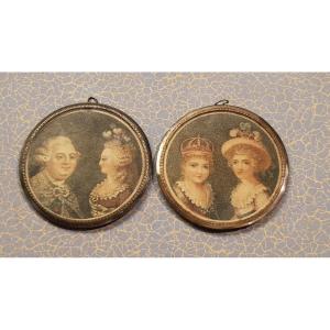 Deux Miniatures Antiques XVIII ème Siècle Louis XVI, Marie-antoinette, Le Dauphin Et Sa Soeur