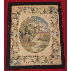 Landscape With Ruins Old Petit Point Embroidery