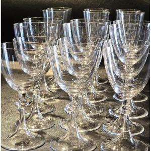 Set Of 18 Vintage Blown Glass Glasses: 6 For Water, 6 For Wine, And 6 Champagne Flutes.