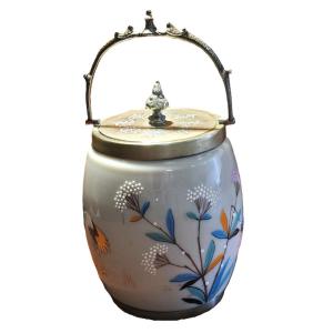 Antique Biscuit Tin In Enameled Soapy Opaline