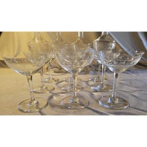 Set Of 9 Antique Champagne Glasses In Baccarat Crystal Empire Swan Model