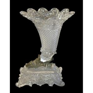 Vase Ancien En Cristal Et Bronze En Forme De Corne d'Abondance Dans Le Gout Baccarat