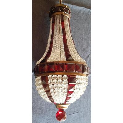 Petit Lustre Ancien Montgolfier En Cristal Blanc Et Rouge 18 Cm Diamètre