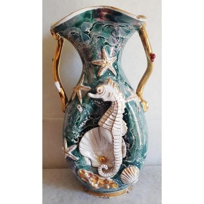 Large Italian Faience Vase XX S 1950s Seahorse Shells And Other Marine Symbols