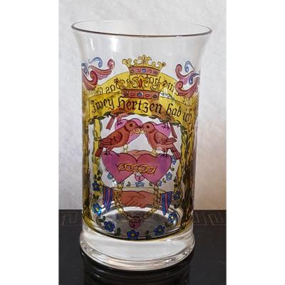 Antique German Wedding Engagement Glass Painted Translucent Enamels