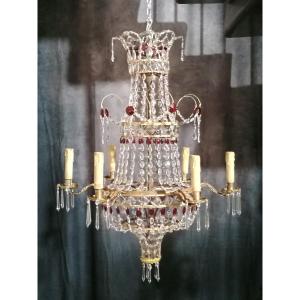 Old Italian Chandelier Empire Period Tole Repoussé And Crystals