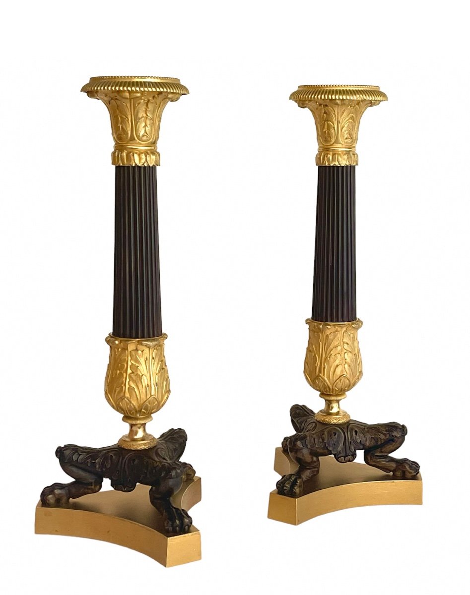 Paire De Flambeaux D’époque Charles X En Bronze Doré Et Patiné. Vers 1830. -photo-2