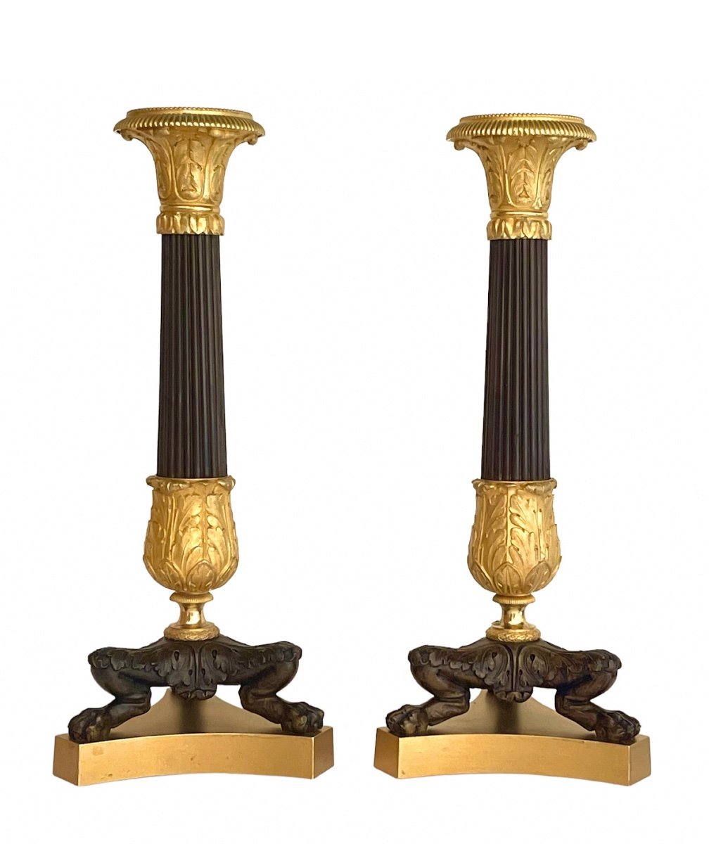 Paire De Flambeaux D’époque Charles X En Bronze Doré Et Patiné. Vers 1830. -photo-3