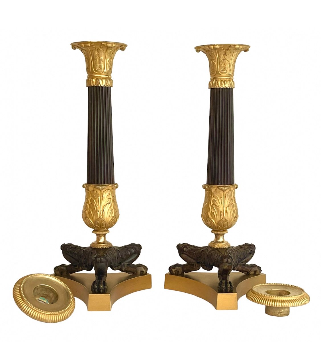 Paire De Flambeaux D’époque Charles X En Bronze Doré Et Patiné. Vers 1830. -photo-4