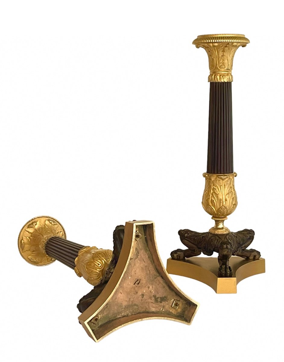 Paire De Flambeaux D’époque Charles X En Bronze Doré Et Patiné. Vers 1830. -photo-1