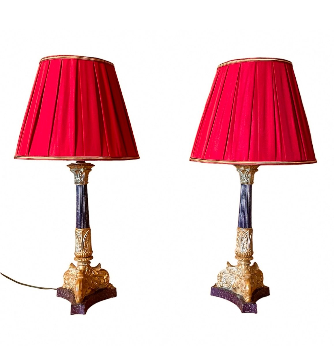 Paire De Lampes De Style Empire En Tôle Doré Et Partiellement Laqué. 2ème Moitié Du XXe Siècle.-photo-2