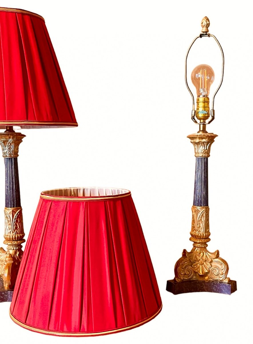 Paire De Lampes De Style Empire En Tôle Doré Et Partiellement Laqué. 2ème Moitié Du XXe Siècle.-photo-3