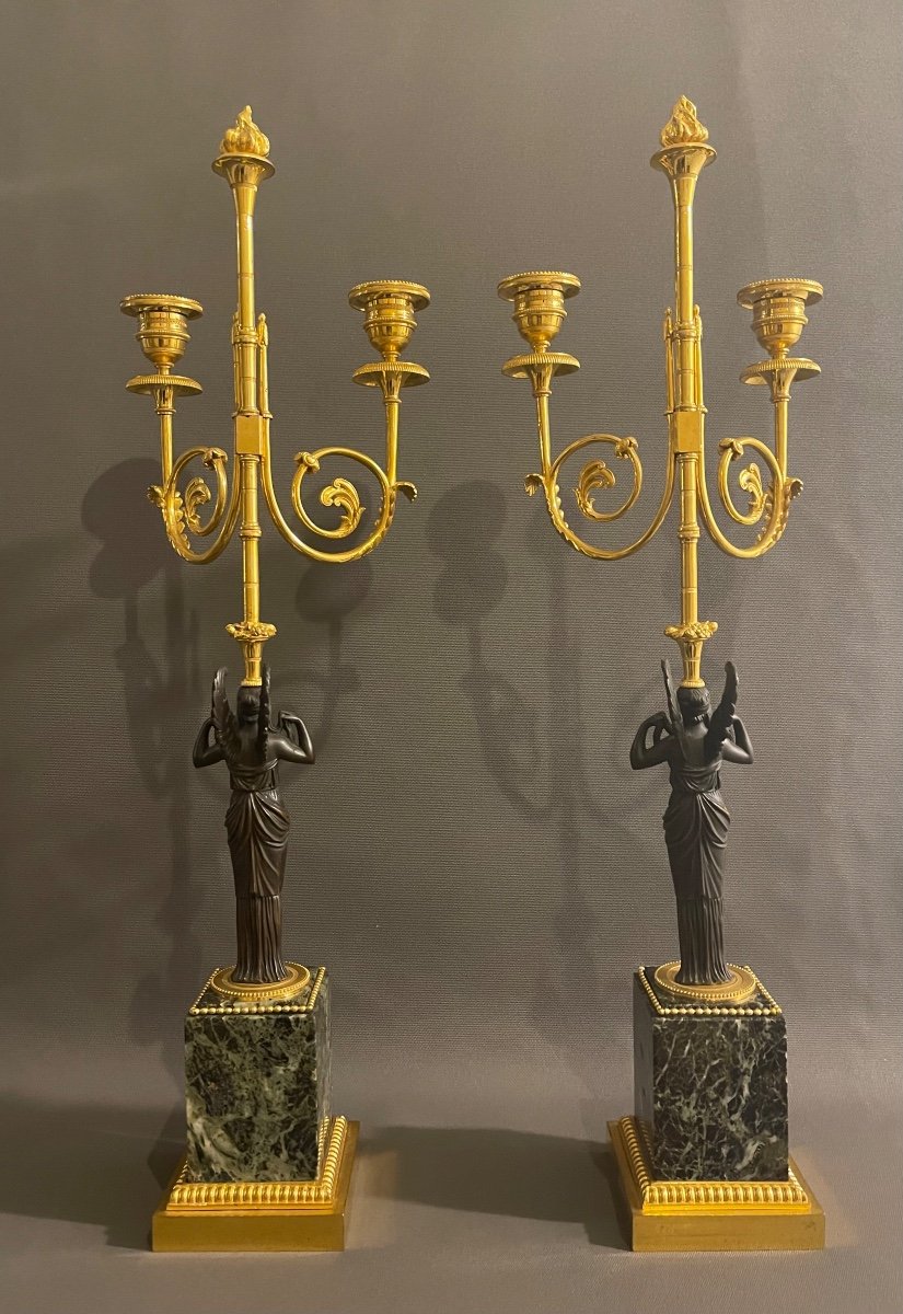 A Pair Of Directoire Gilt-bronze And Patinated-bronze Two-light Candelabra. Late 18th Century. -photo-4