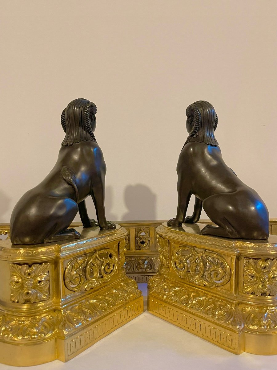 A Pair Of Louis XVI Style Andirons With Bar In Gilt And Patinated Bronze. Circa 1850. -photo-1