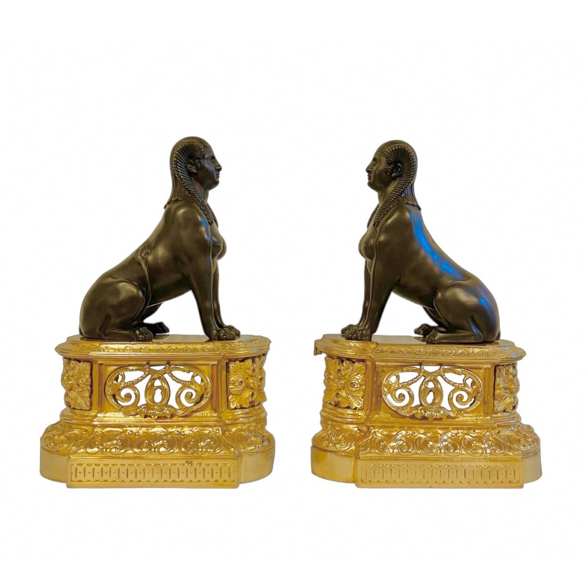 A Pair Of Louis XVI Style Andirons With Bar In Gilt And Patinated Bronze. Circa 1850. -photo-3