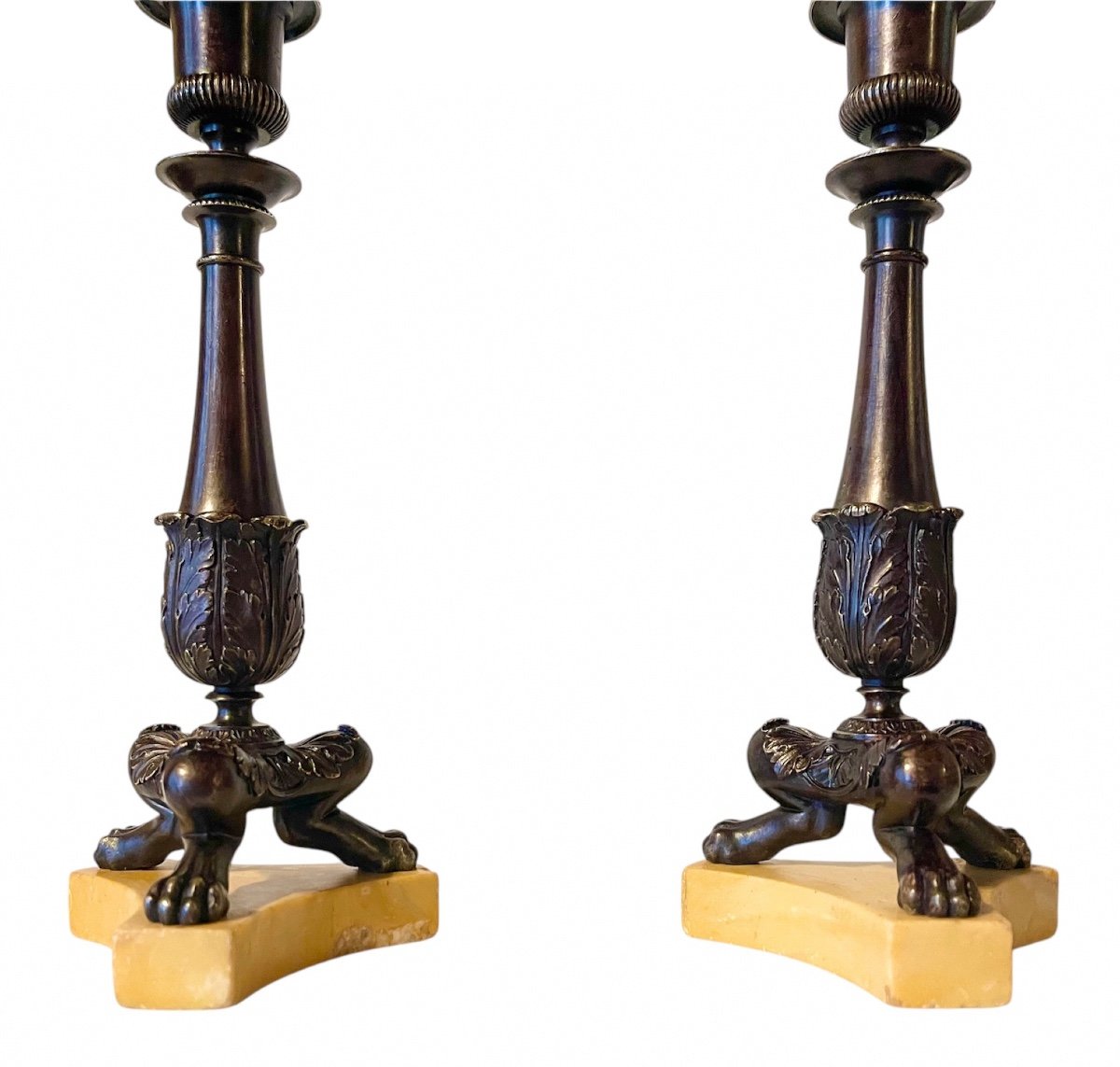 A Pair Of Restauration Patinated Bronze Tripod Candlesticks. Circa 1830. -photo-1