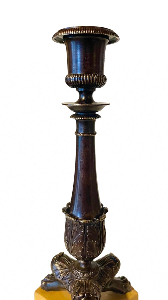 A Pair Of Restauration Patinated Bronze Tripod Candlesticks. Circa 1830. -photo-2