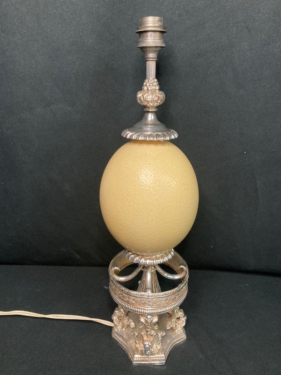 Silver Metal Lamp Base And Ostrich Egg Late 19th Century-photo-3