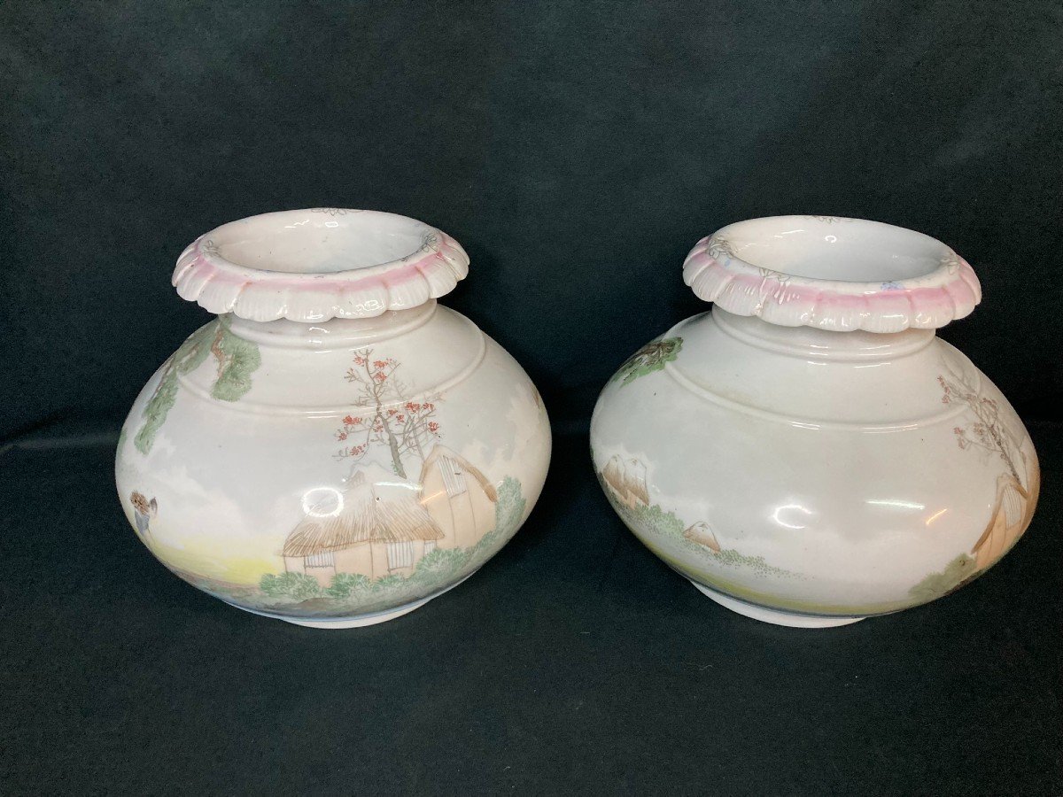 Japon Paire De Vases Boule Porcelaine Décor Chaumières Fin XIXème-photo-2