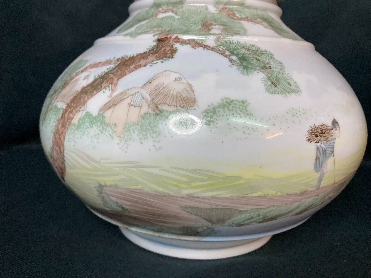 Japon Paire De Vases Boule Porcelaine Décor Chaumières Fin XIXème-photo-4