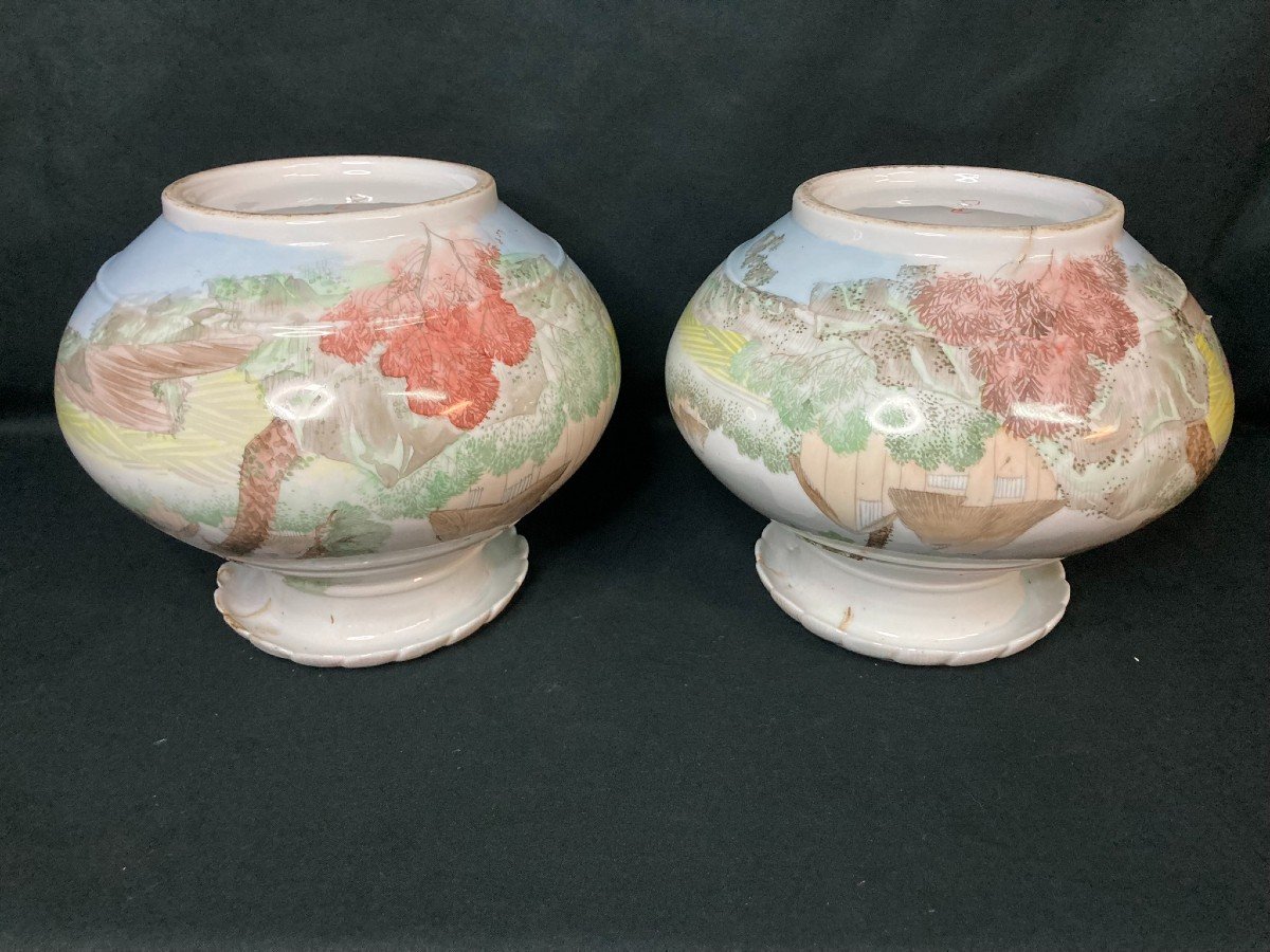 Japon Paire De Vases Boule Porcelaine Décor Chaumières Fin XIXème-photo-6