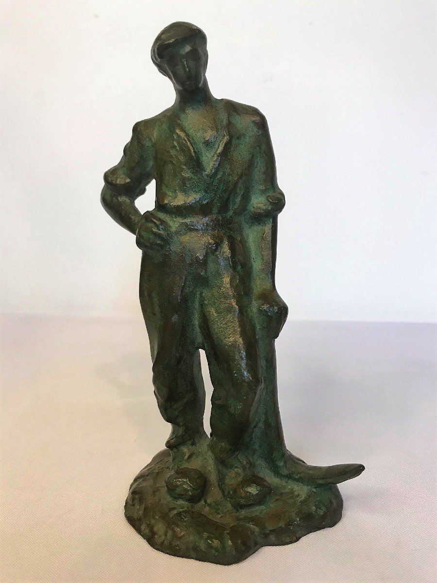 Guero, Bronze Sculpture Man With Pickaxe Signed Circa 1930-photo-1