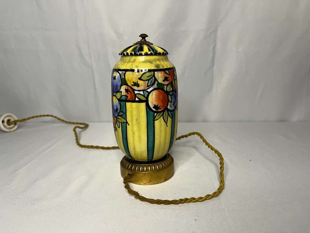 Art Deco, Night Light In Porcelain And Bronze Fruit Decor Circa 1930-photo-3