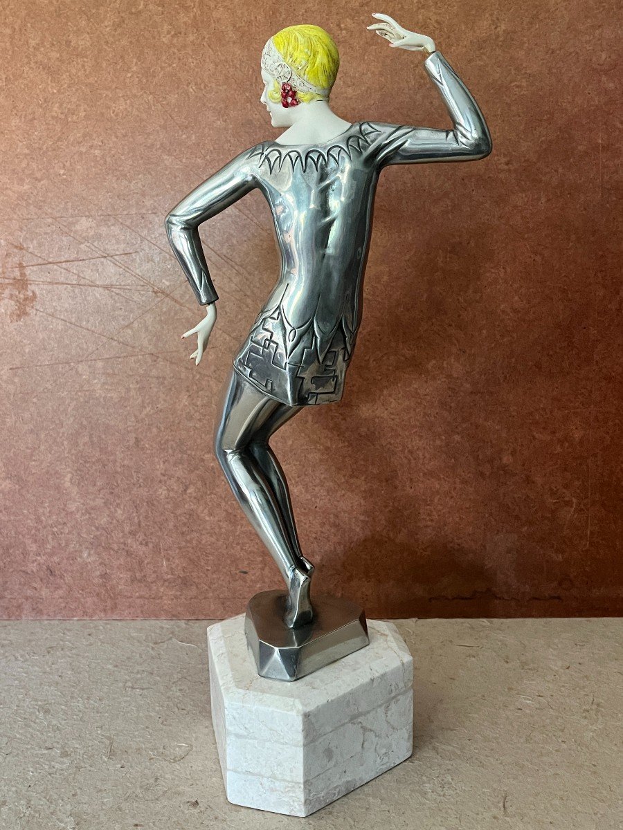 Art Déco, Sculpture Danseuse Charleston Métal Chrome Signée Preiss 1930-photo-3