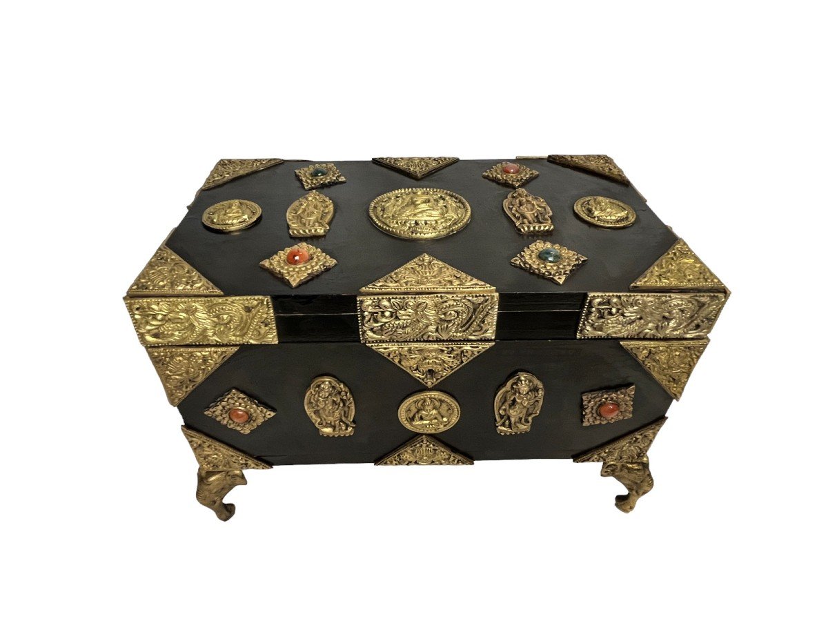 Asia Jewelry Box In Bronze Wood And Stones Early 20th Century-photo-3