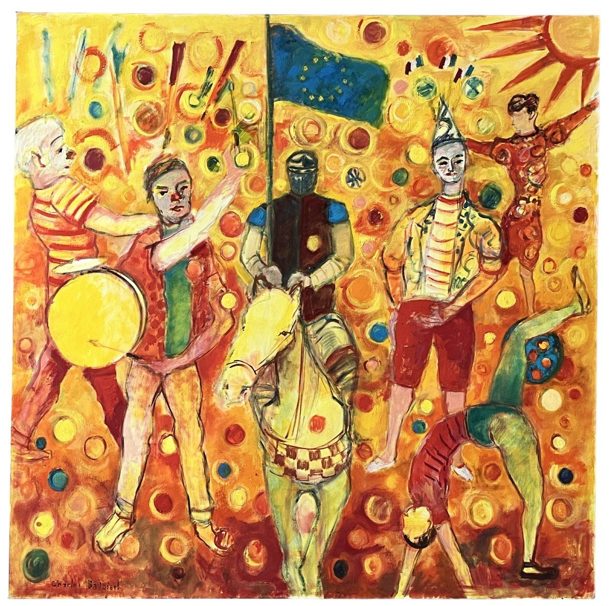 Badoisel Charles, Monumental Oil On Canvas Circus Scene 20th Century