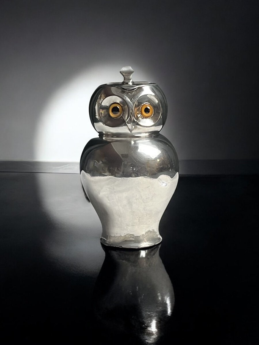 Linton, English Bright Pewter Owl Jug Circa 1900-photo-4